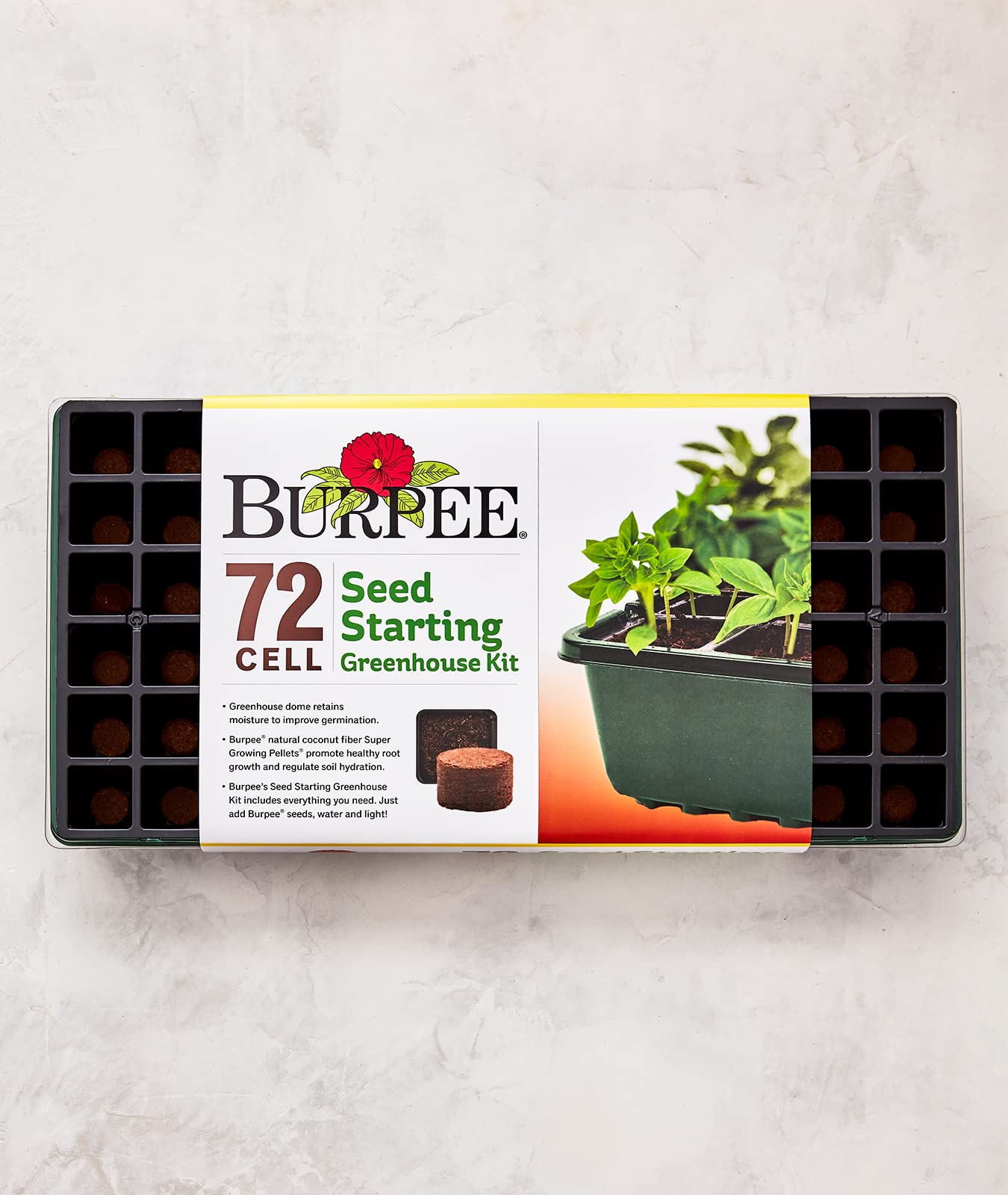Burpee kit en interior bajo luz mostrando cultivo de plántulas vigorosas