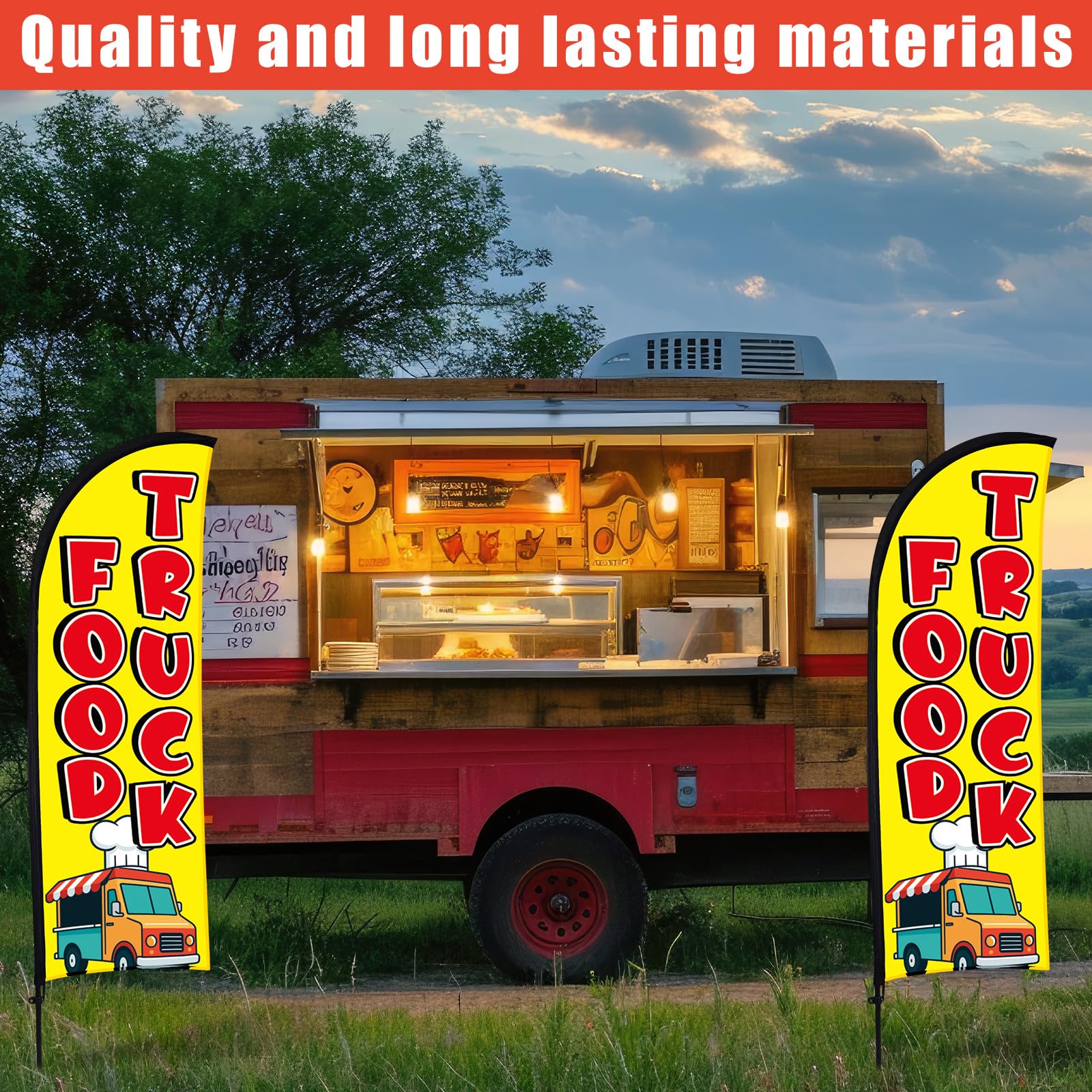 Buryeah bandera montada junto a un food truck para mayor visibilidad