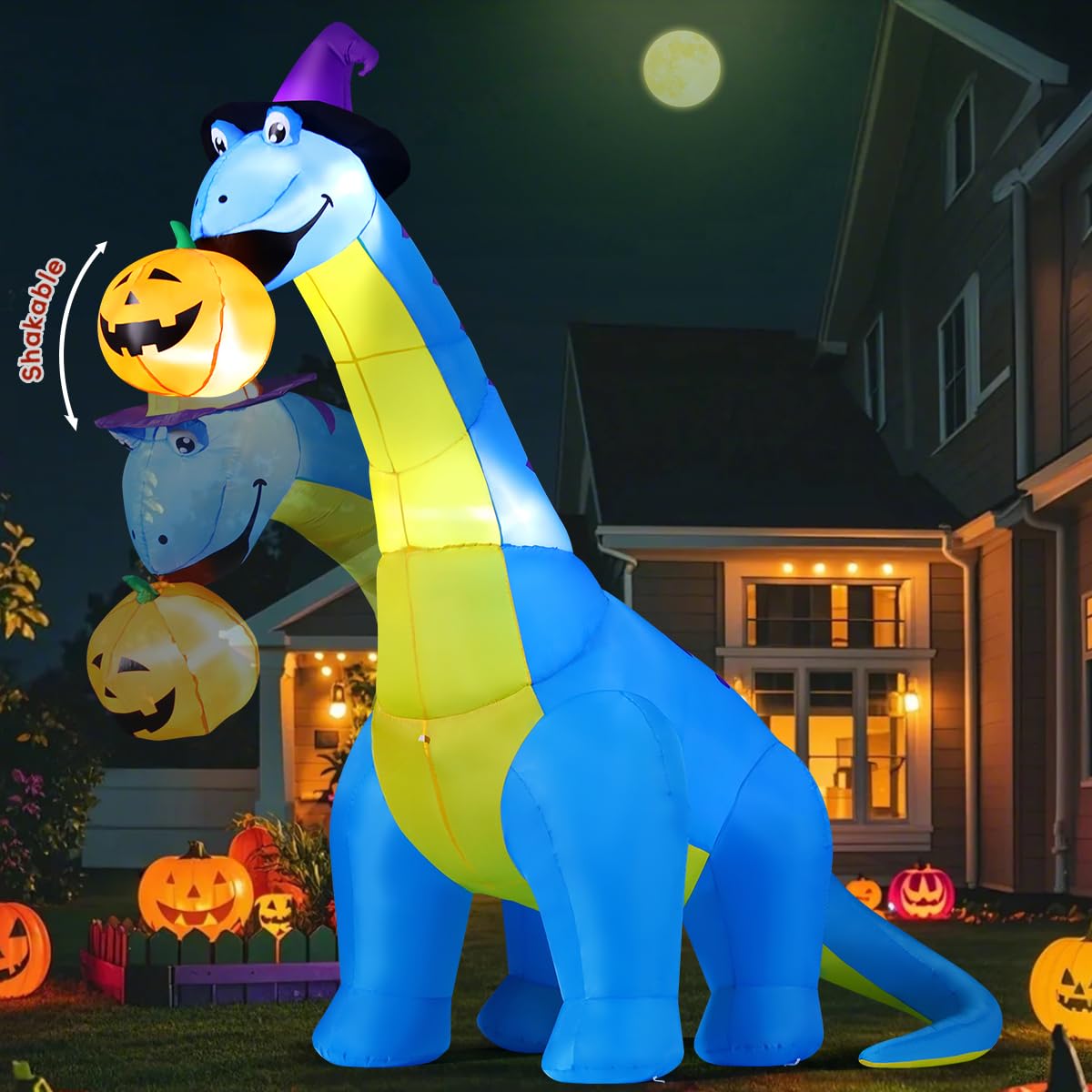 COMIN dinosaurio calabaza frontal mostrando diseño llamativo y efecto festivo