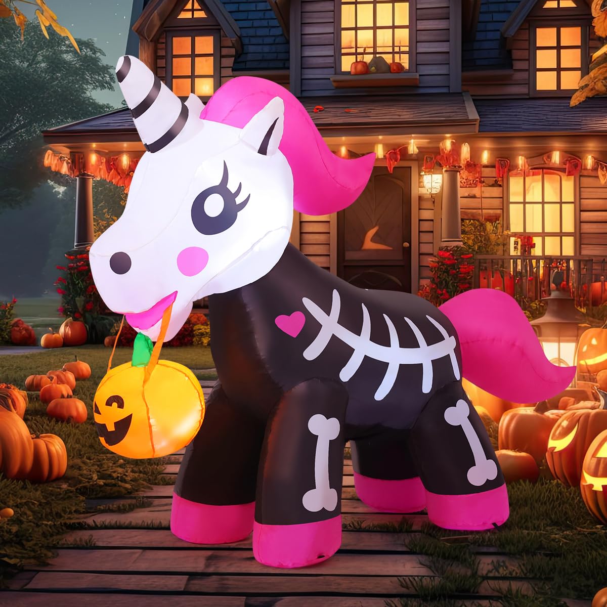 COMIN unicornio esqueleto frontal mostrando diseño único y decoración exterior