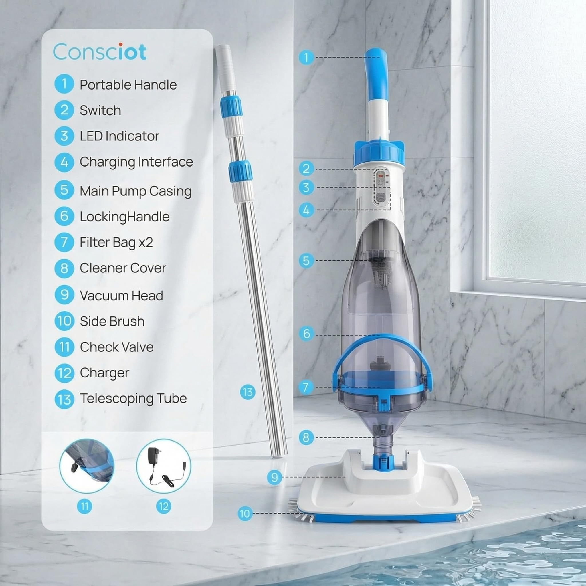 Consciot limpiando un spa, ideal para mantener agua clara y lista