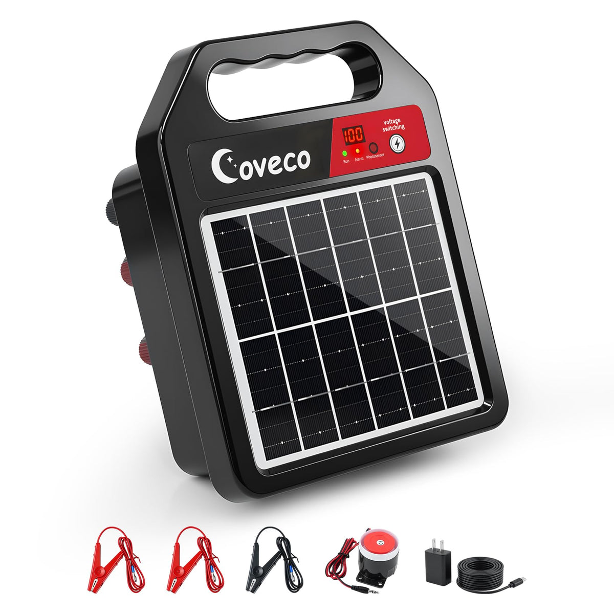 COVECO vista frontal del cargador solar con carcasa resistente y fácil montaje