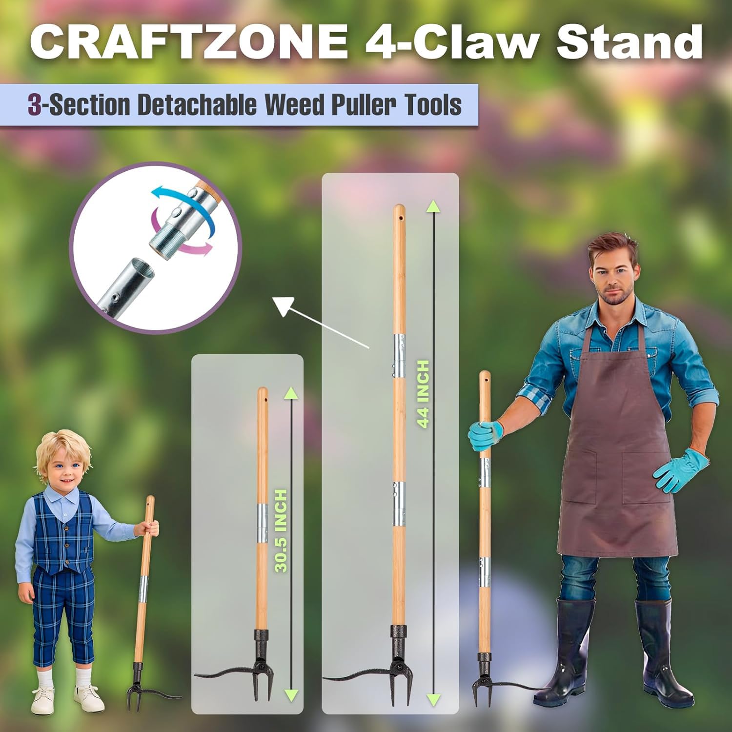 CRAFTZONE herramienta en uso en un huerto quitando una maleza demostrando efectividad