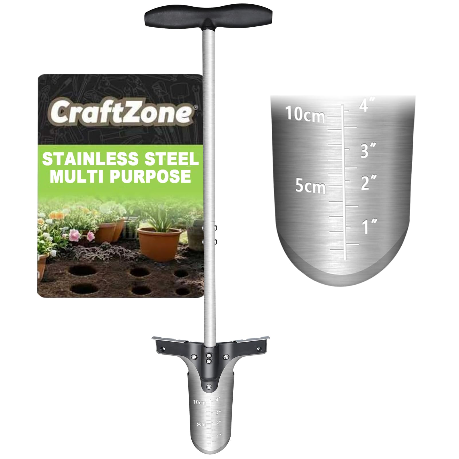 CRAFTZONE vista frontal del plantador con mango largo y pedal, facilita plantar rápido