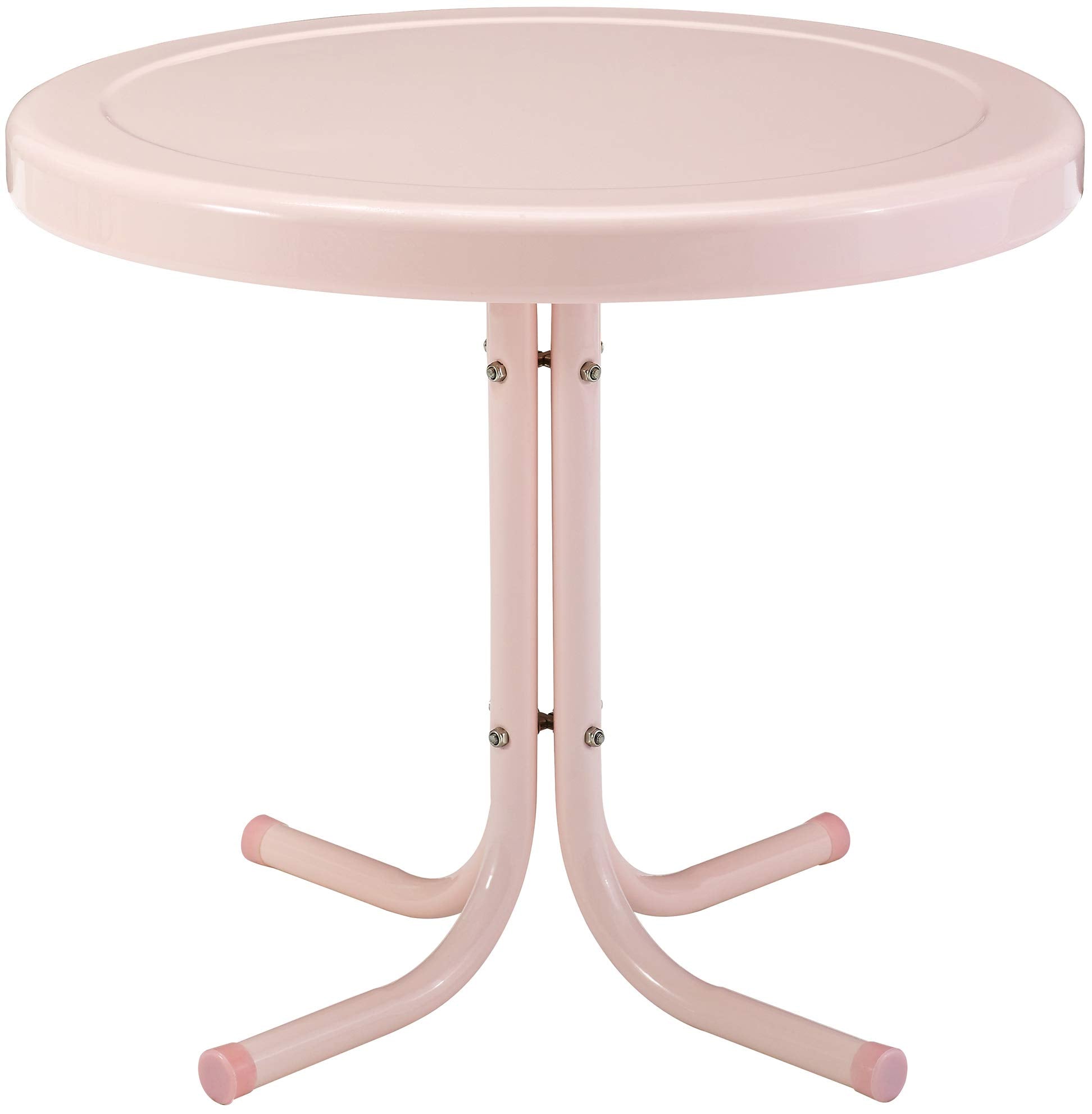 Crosley mesa Griffith frontal en rosa pastel mostrando su formato compacto y durabilidad