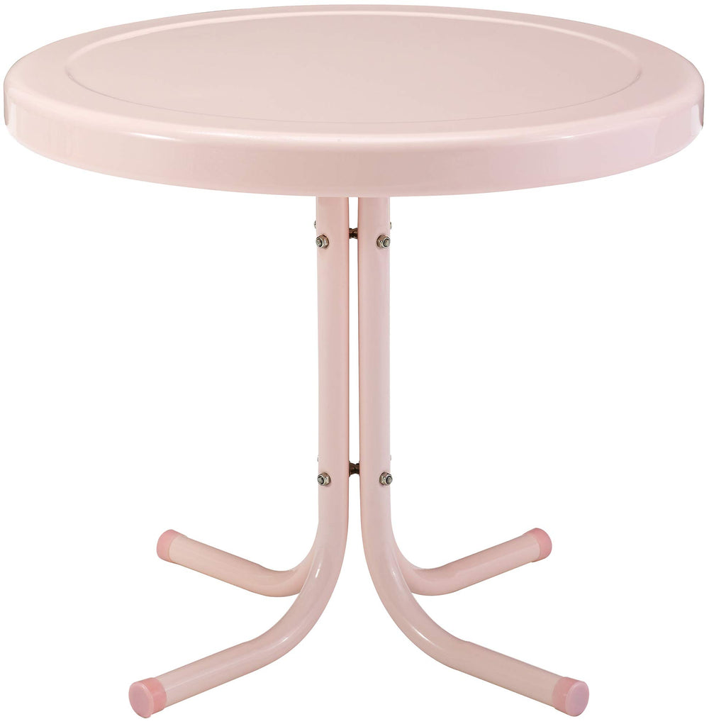 Crosley mesa Griffith frontal en rosa pastel mostrando su formato compacto y durabilidad