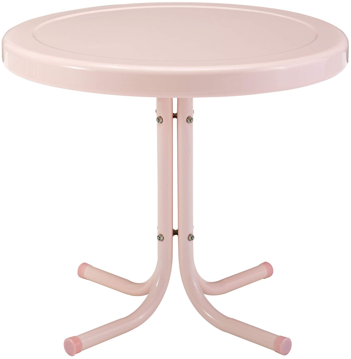 Crosley mesa Griffith frontal en rosa pastel mostrando su formato compacto y durabilidad