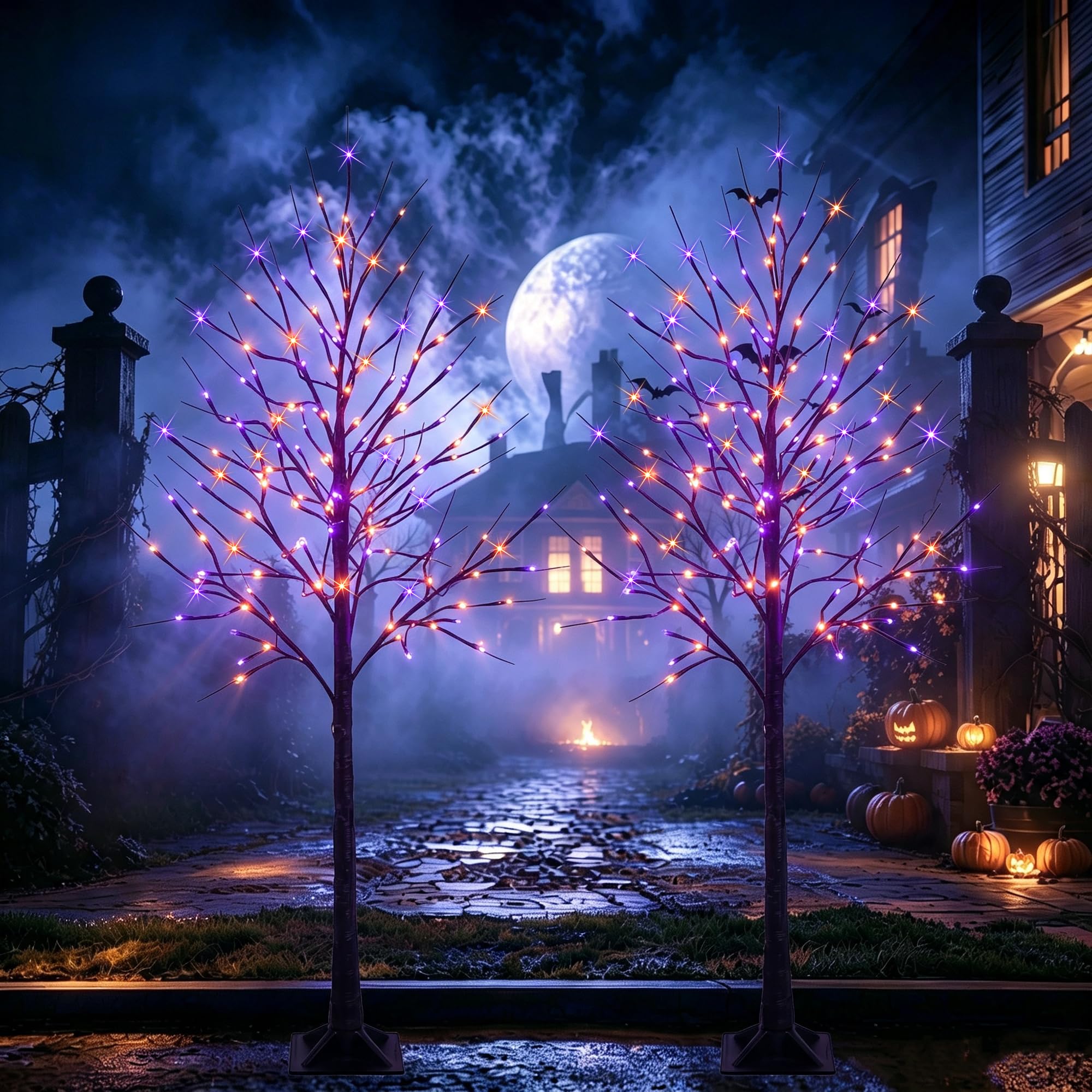 Dazzle Bright árbol abedul negro frontal con luces morado y naranja para impacto visual