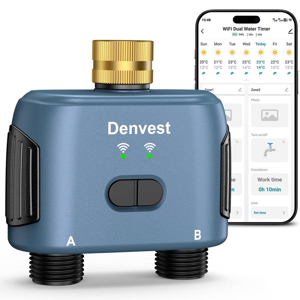 Denvest vista frontal del temporizador muestra controles y diseño robusto