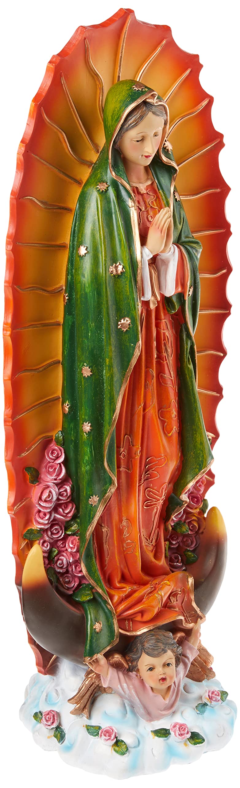 Design Toscano estatua frontal de la Virgen de Guadalupe mostrando la pintura colorida y presencia solemne