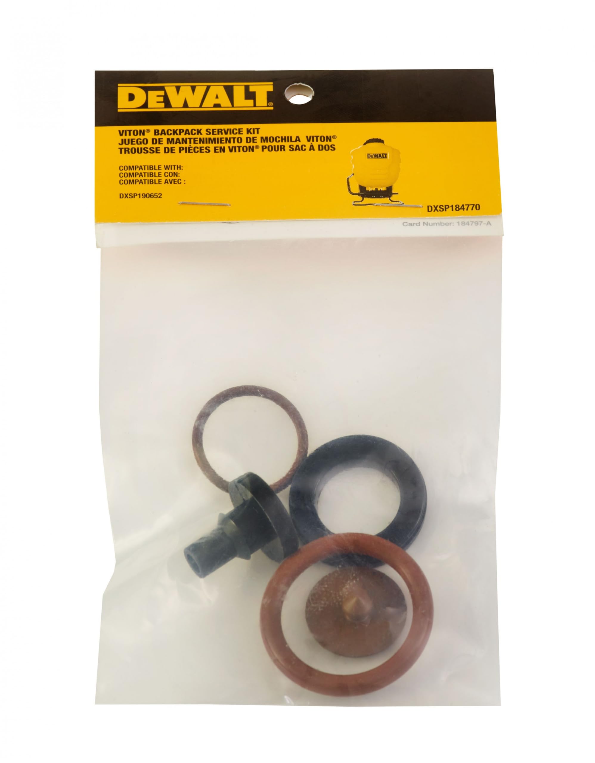 DeWALT kit de servicio en su empaque mostrando piezas y benefício de fácil reemplazo