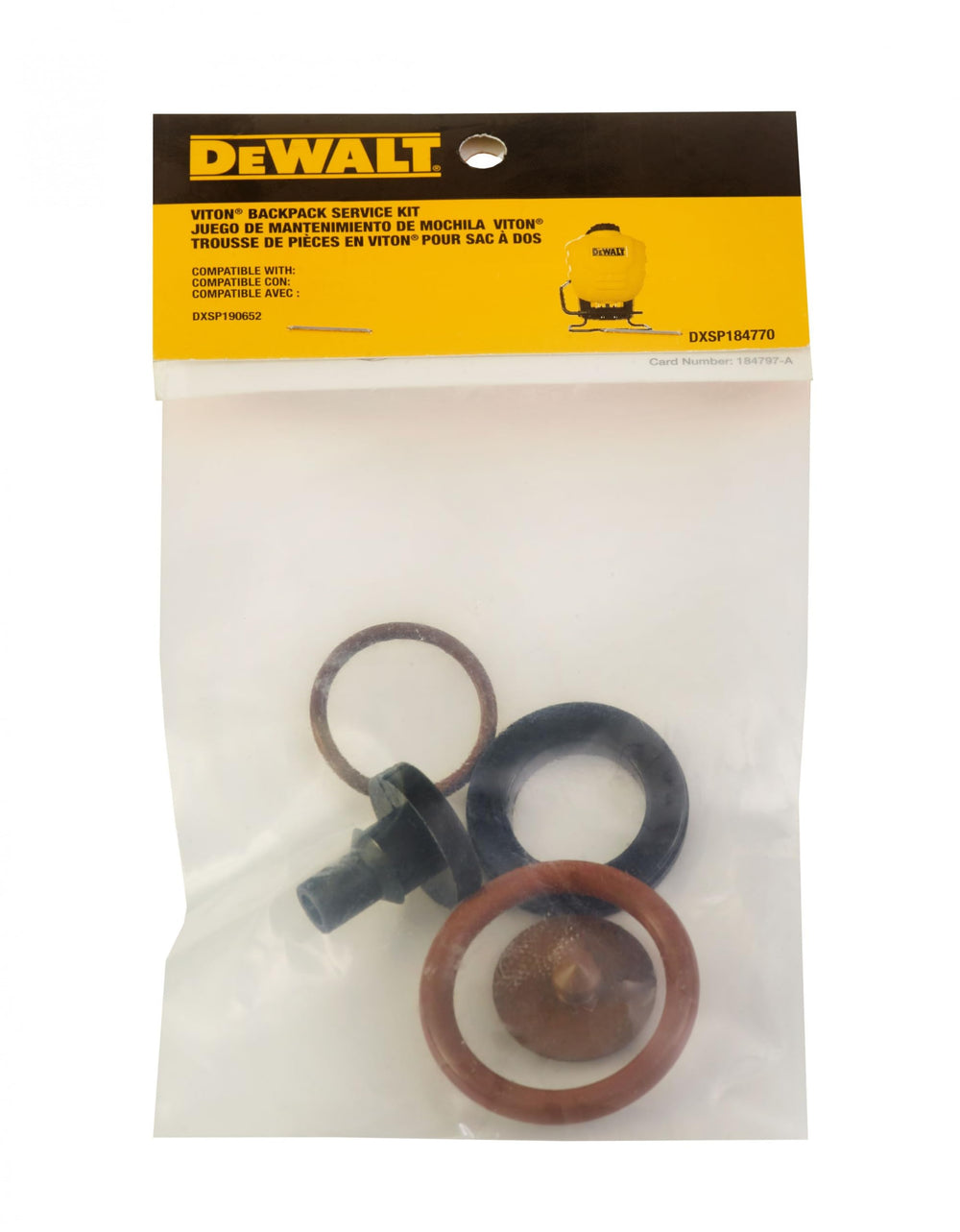 DeWALT kit de servicio en su empaque mostrando piezas y benefício de fácil reemplazo
