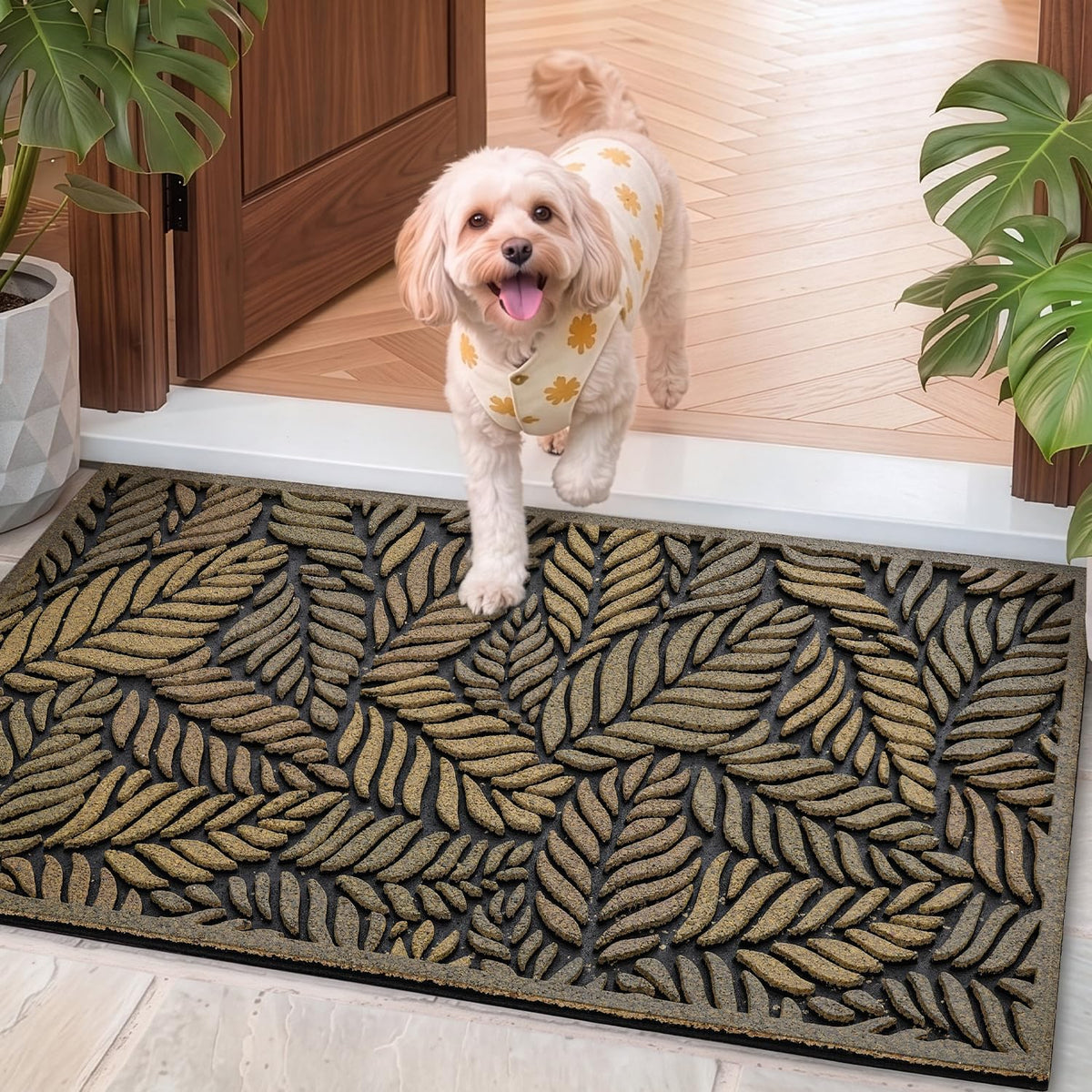 DEXI felpudo frente con diseño de hojas, resistente y decorativo