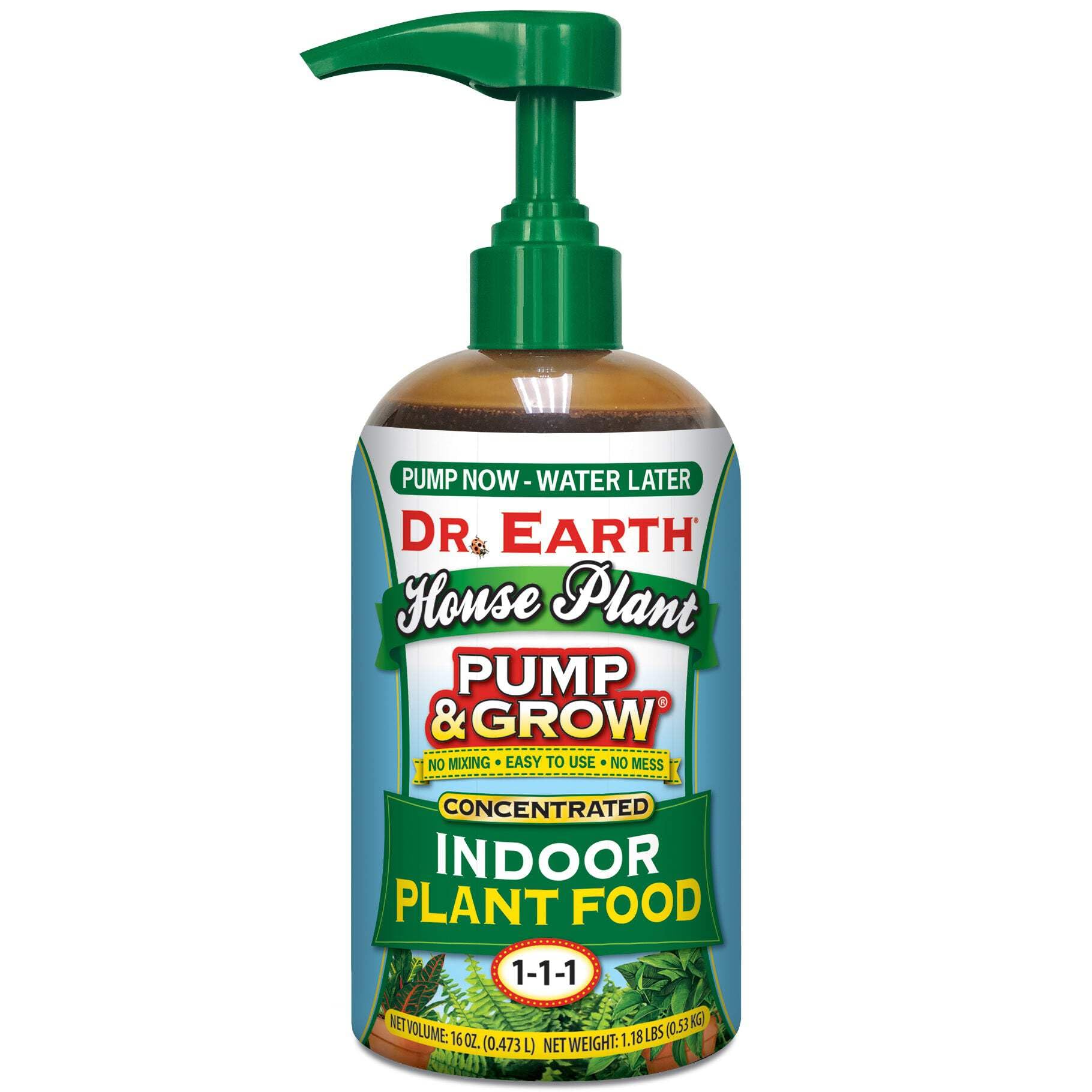Dr. Earth botella frontal Pump & Grow 16 oz mostrando etiqueta y facilidad de uso