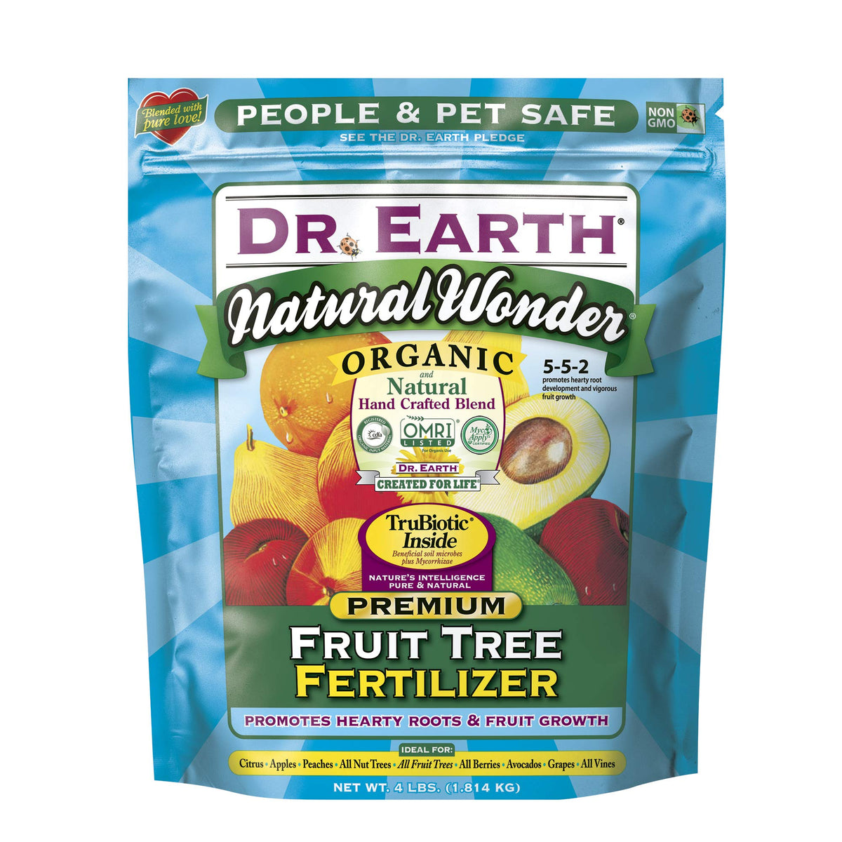 Dr. Earth paquete frontal de 4 lb mostrando la etiqueta y beneficios orgánicos