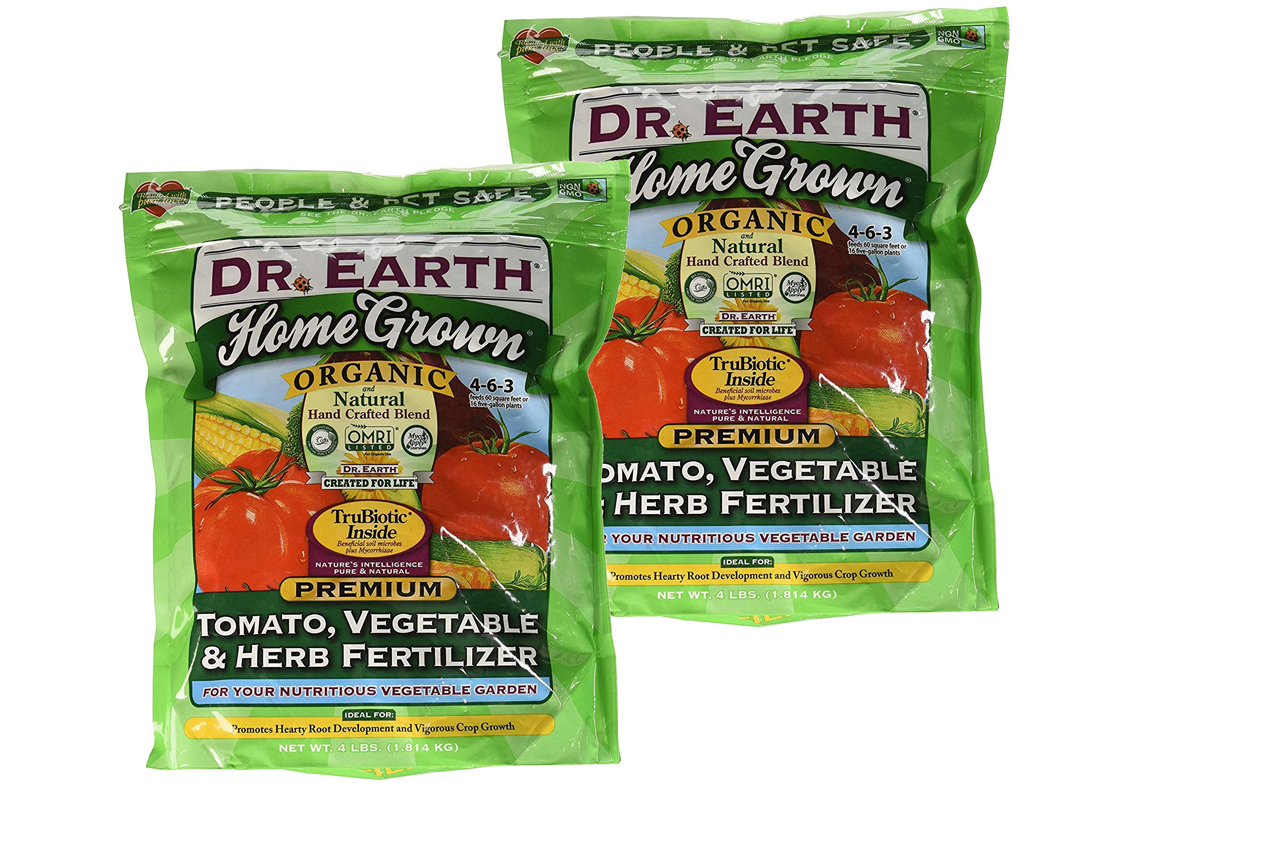 Dr. Earth paquete frontal mostrando 4 lb y beneficios para huerto