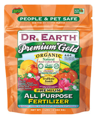 Dr. Earth bolsa frente mostrando etiqueta y beneficios para jardín