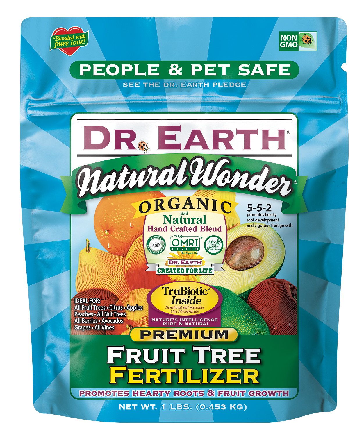Dr. Earth frasco frontal mostrando etiqueta y beneficios para frutales