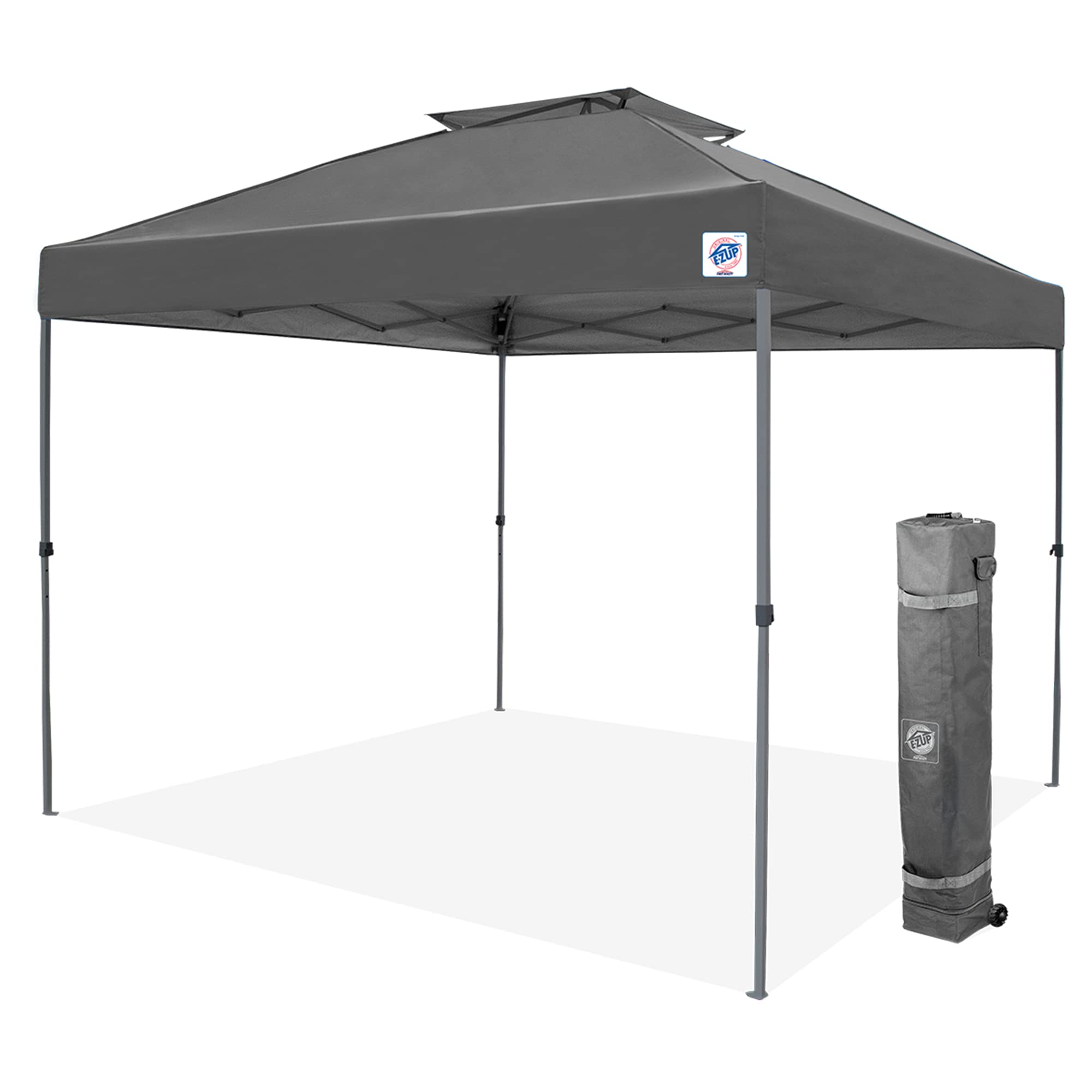 E-Z UP Patriot vista frontal del toldo mostrando estructura estable y sombra