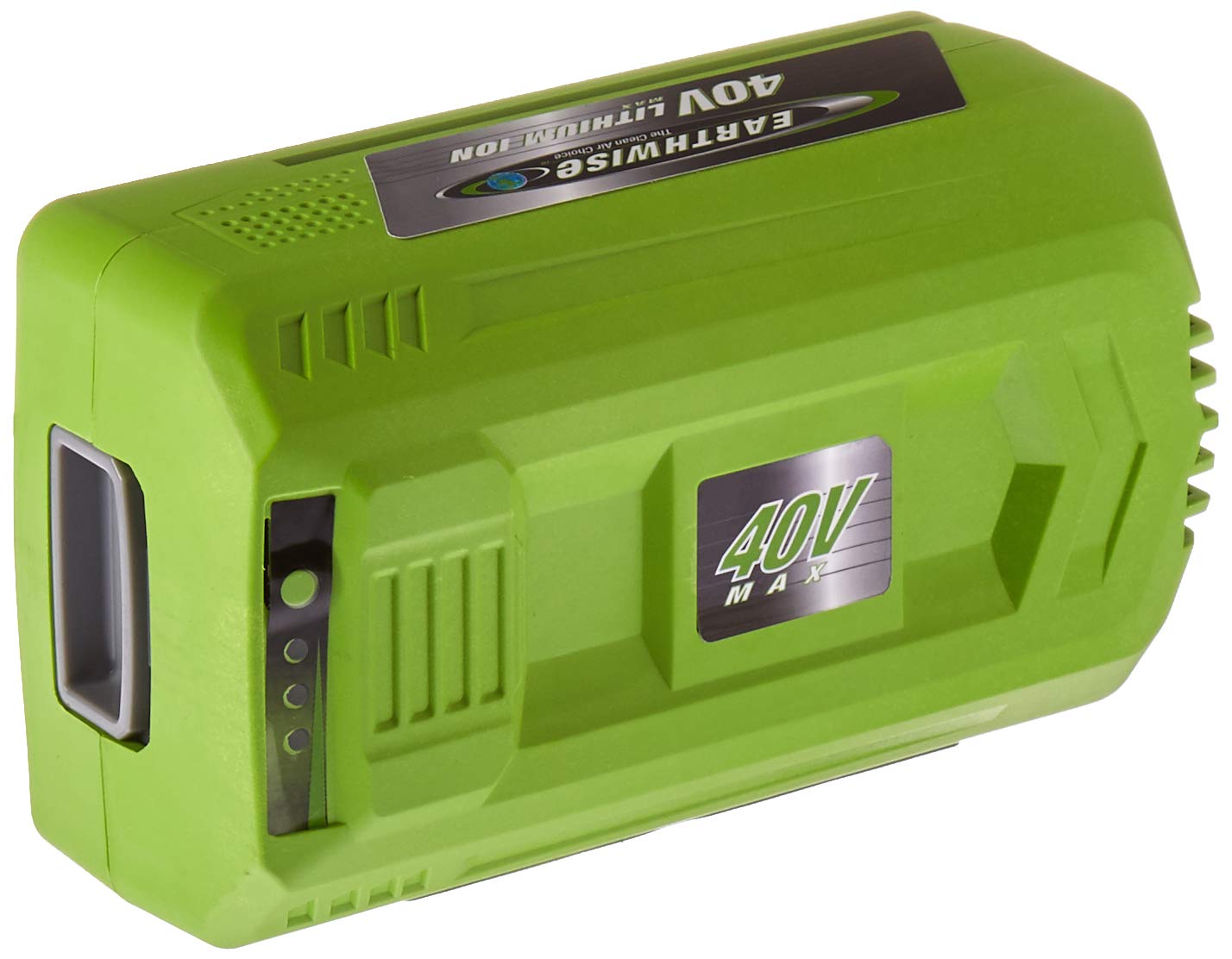 Earthwise batería BL84040 vista frontal con indicador y ajuste seguro