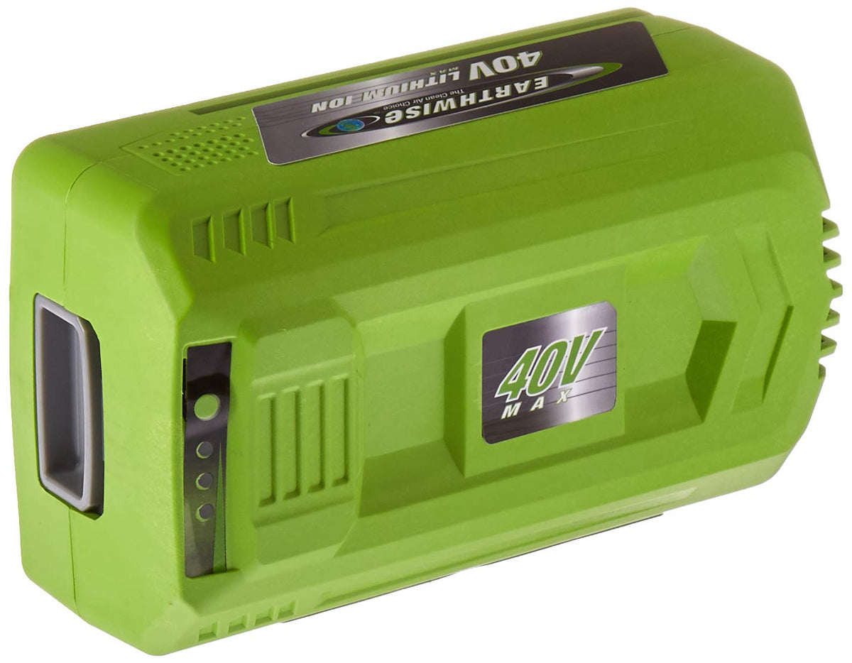 Earthwise batería BL84040 vista frontal con indicador y ajuste seguro