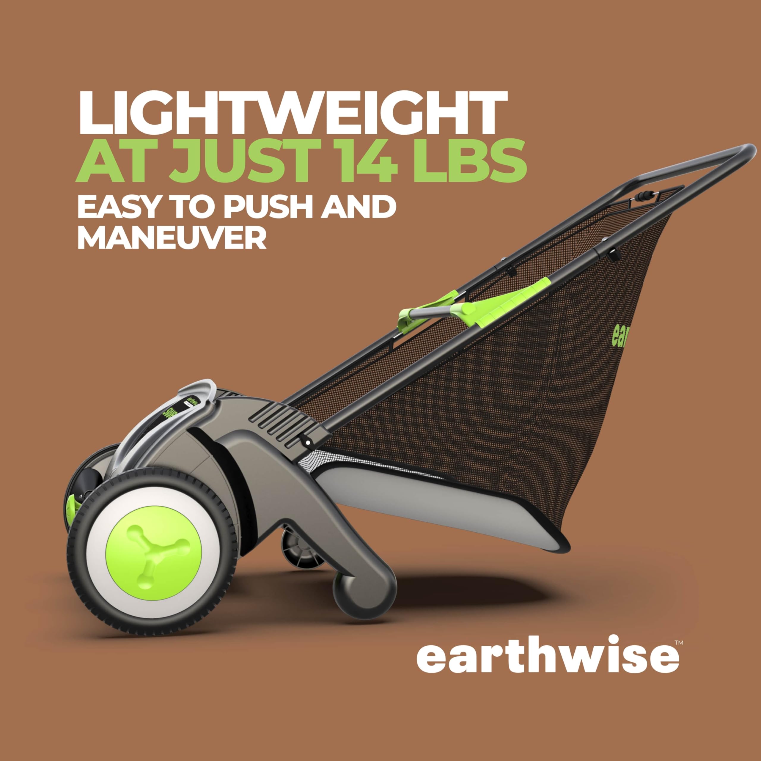 Earthwise en uso sobre césped corto, limpieza silenciosa y eficaz