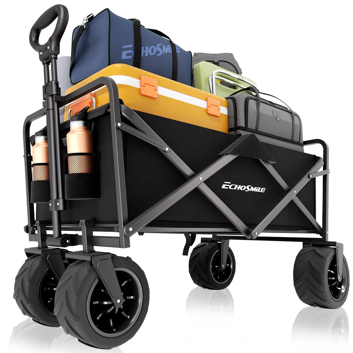 EchoSmile vista frontal del carrito plegable mostrando su capacidad y estructura resistente
