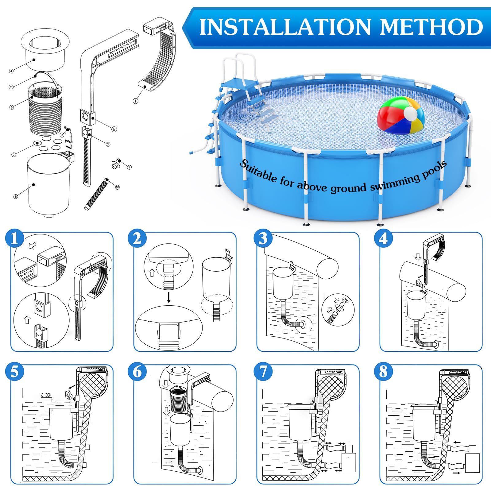 Enhon skimmer instalado en piscina en jardín para uso familiar