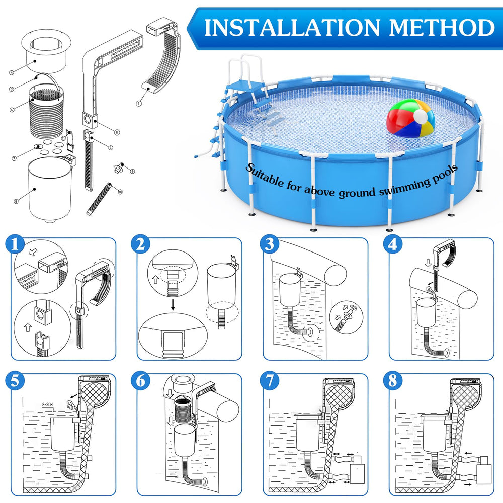 Enhon skimmer instalado en piscina en jardín para uso familiar