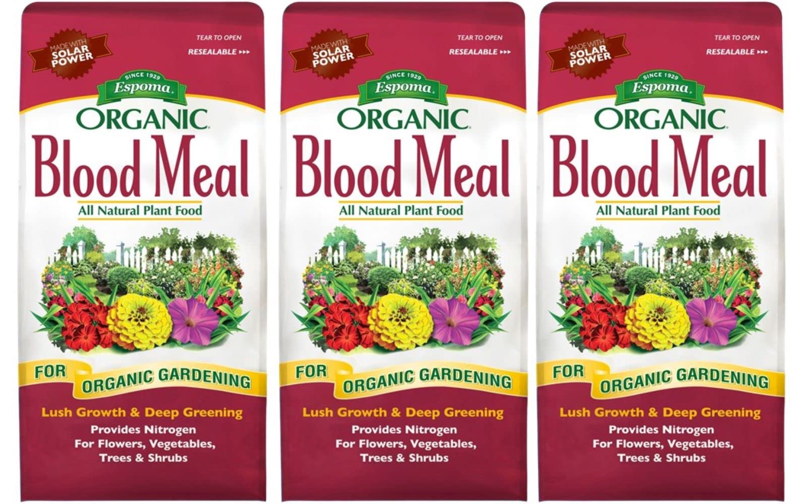 Espoma Blood Meal frente del empaque mostrando bolsa y etiqueta, beneficio nutricional claro
