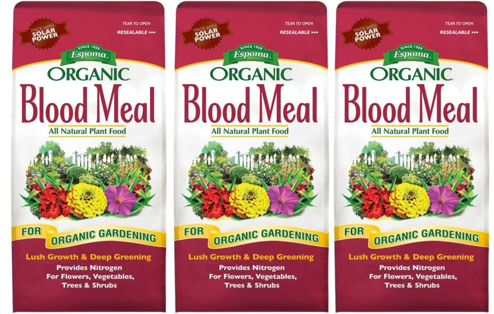 Espoma Blood Meal frente del empaque mostrando bolsa y etiqueta, beneficio nutricional claro