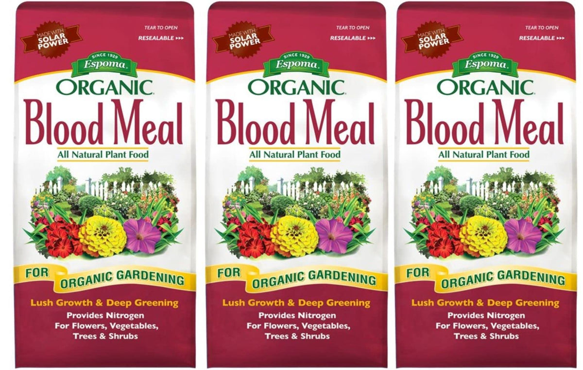 Espoma Blood Meal frente del empaque mostrando bolsa y etiqueta, beneficio nutricional claro