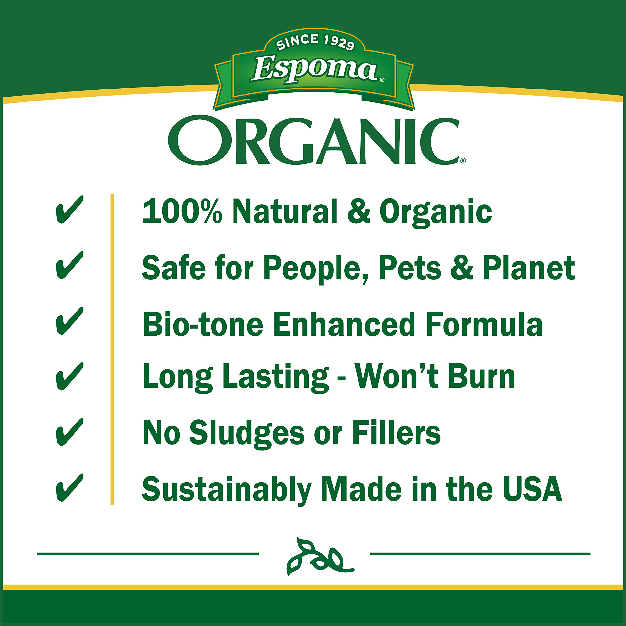 Espoma Garden-tone etiqueta con análisis 3-4-4 y 5% calcio, transparencia de ingredientes