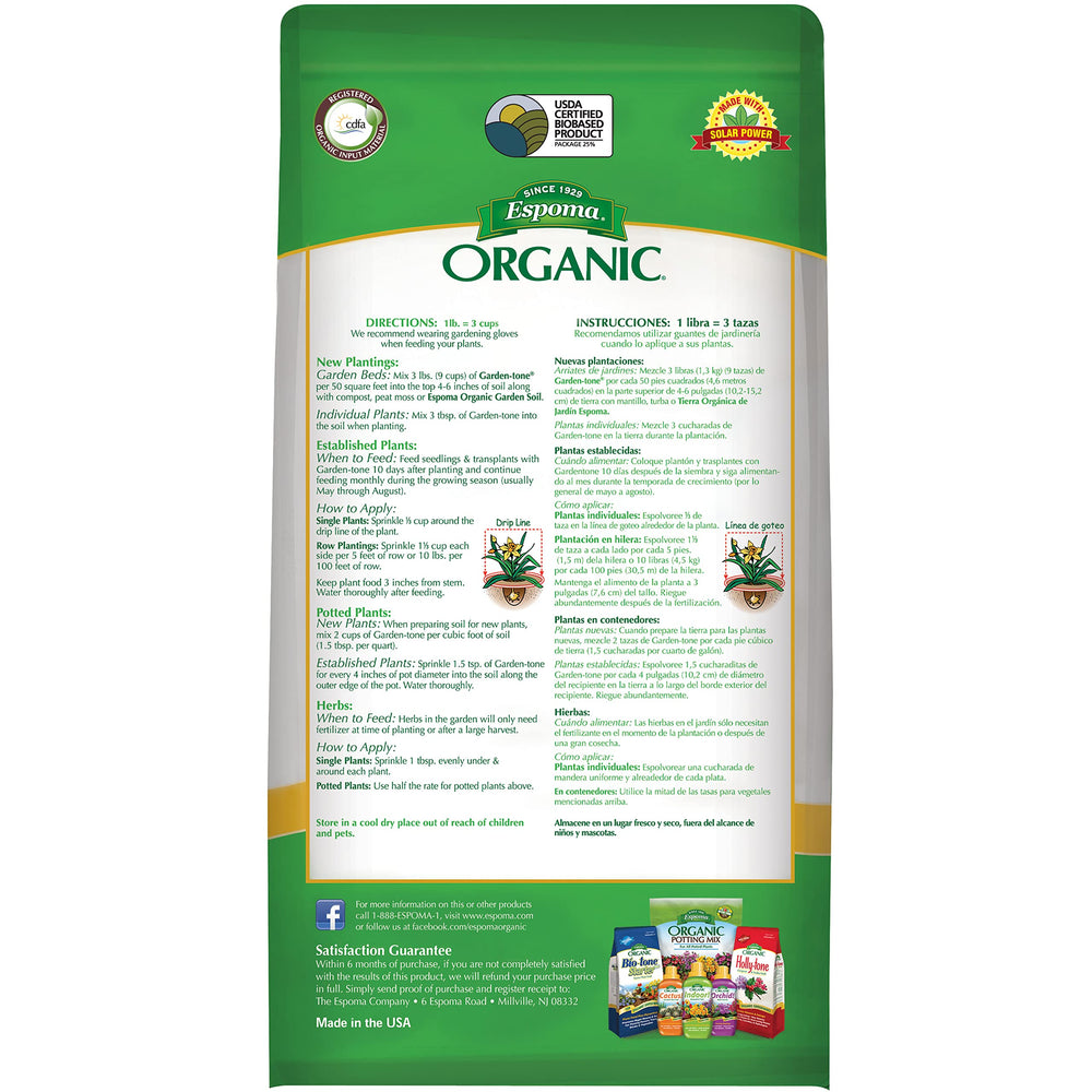 Espoma Garden-tone aplicado en maceta con hierbas, mejora crecimiento y sabor