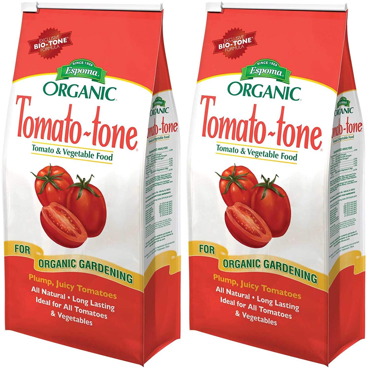 Espoma Tomato-Tone frente del paquete mostrando envase y beneficios para tomates