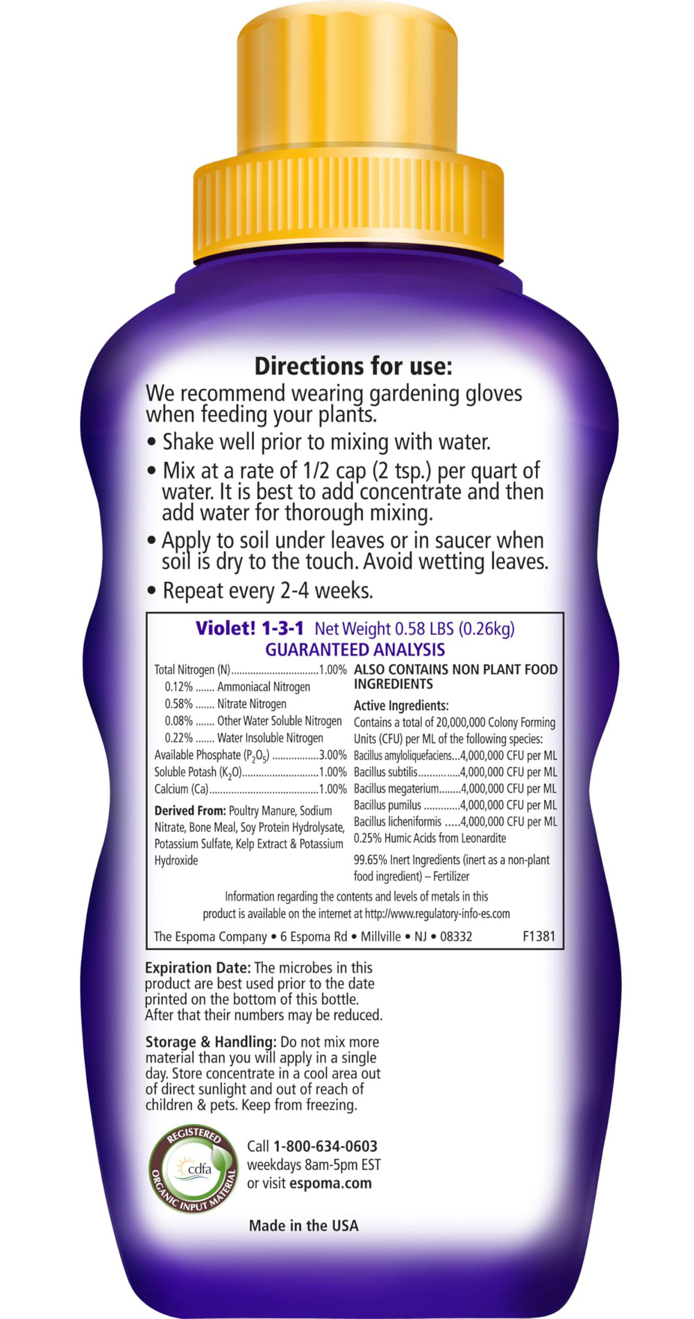 Botella Espoma Violet! 8 oz concentrado frente con etiqueta visible - nutre flores