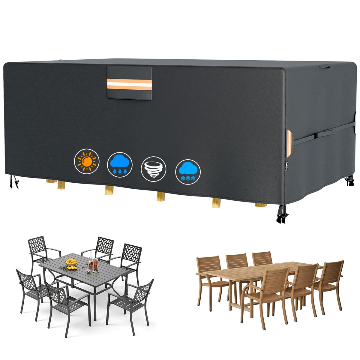 EVRBUL funda frontal mostrando ajuste sobre mesa, protege contra lluvia