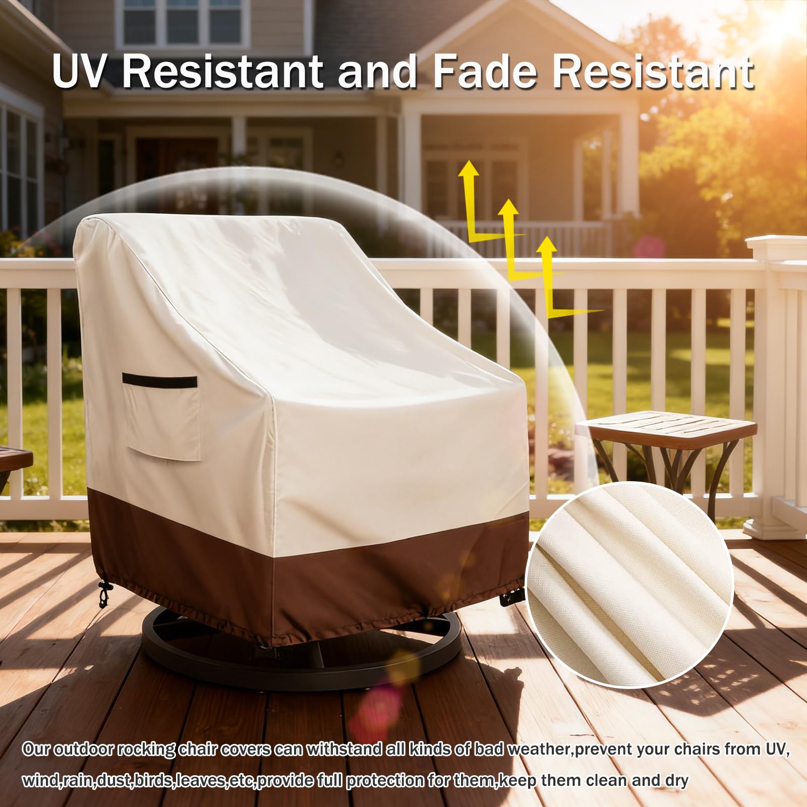 Exokugo funda colocada en sillón de patio, aspecto protector y ordenado