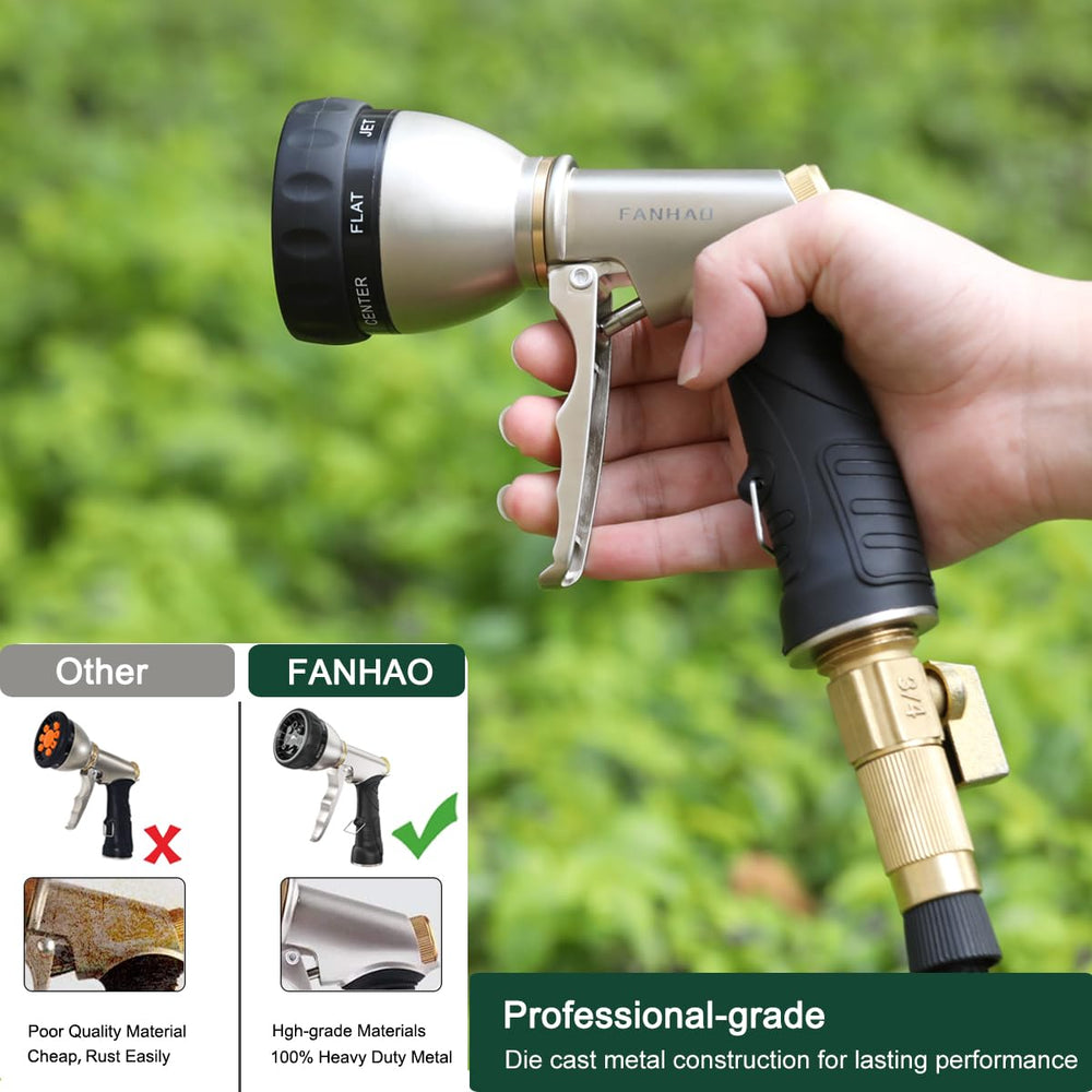 FANHAO boquilla conectada a manguera mostrando compatibilidad y tamaño