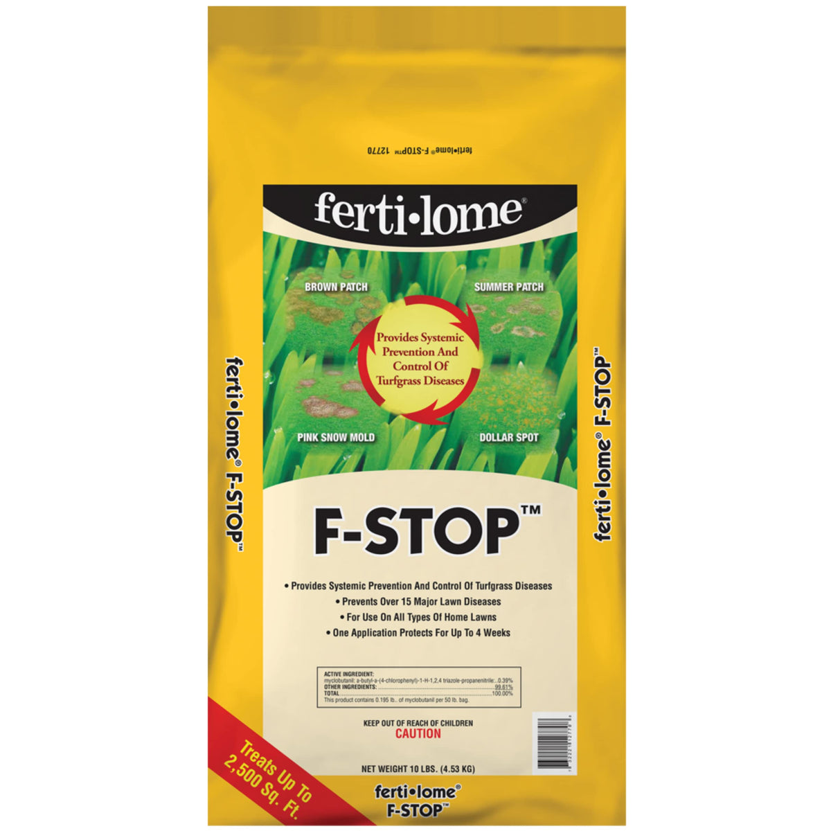 ferti-lome empaque frontal de 10 lb mostrando cobertura y uso