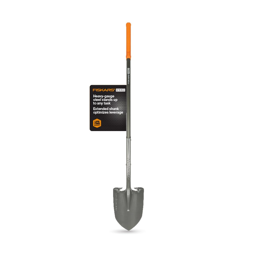 Fiskars pala Pro 60" vista frontal, herramienta robusta lista para cavar