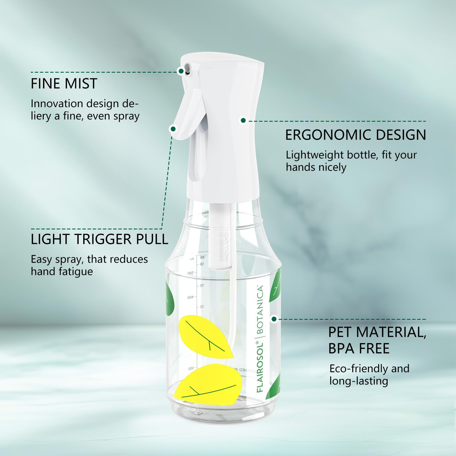 FLAIROSOL BOTANICA pulverizando cerca de hojas para limpieza delicada