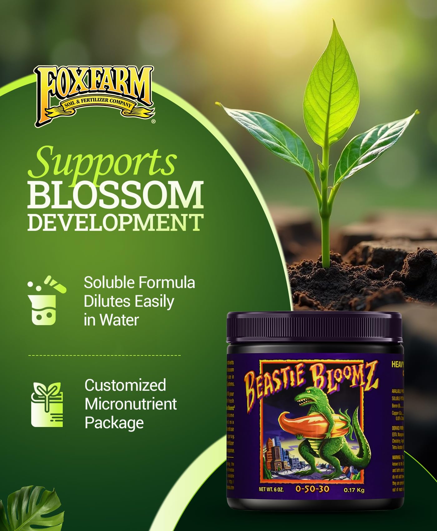 FoxFarm Beastie Bloomz etiqueta legible, refuerza desarrollo de flores