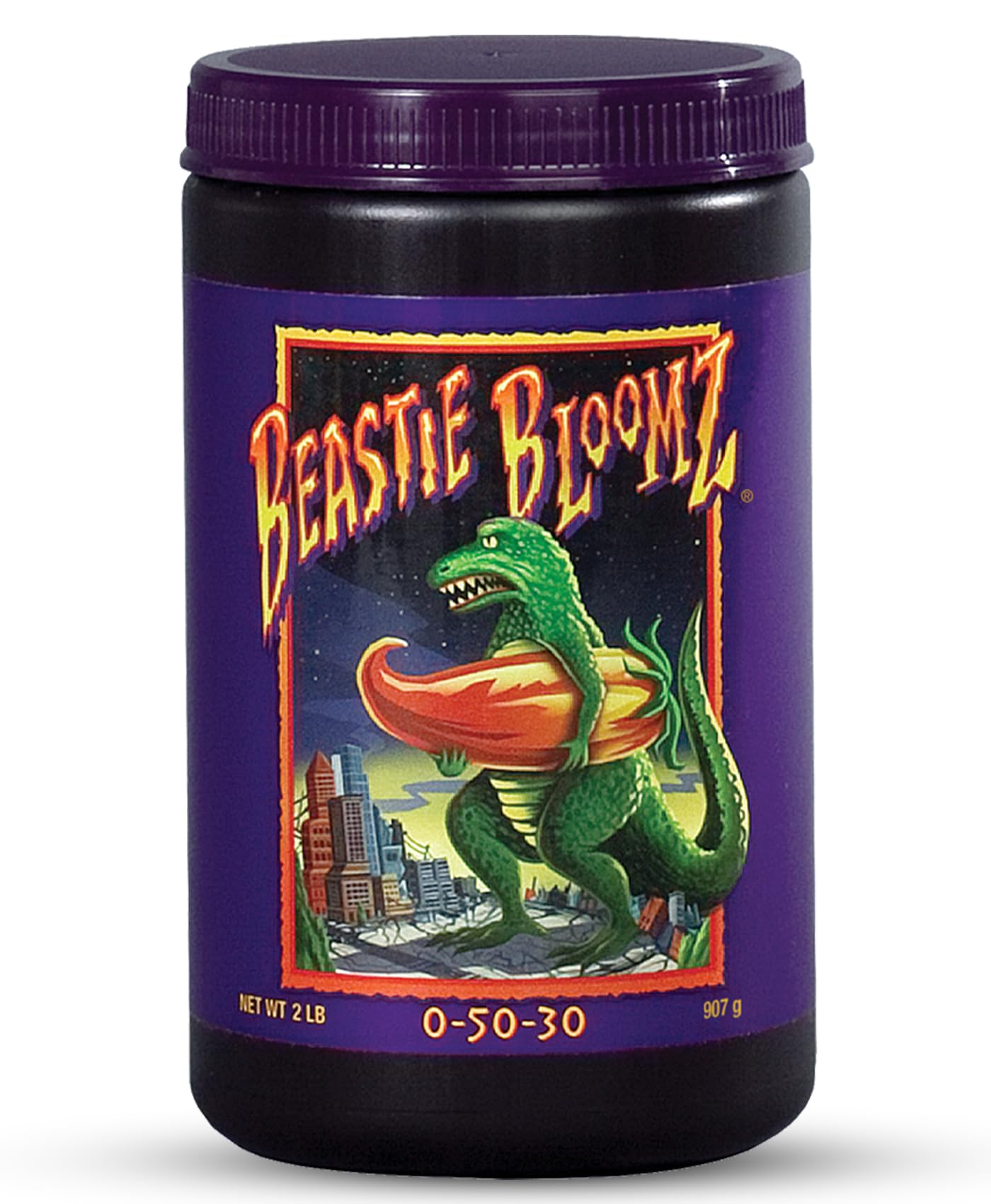 Envase FoxFarm Beastie Bloomz 2 lb mostrando diseño frontal y beneficios
