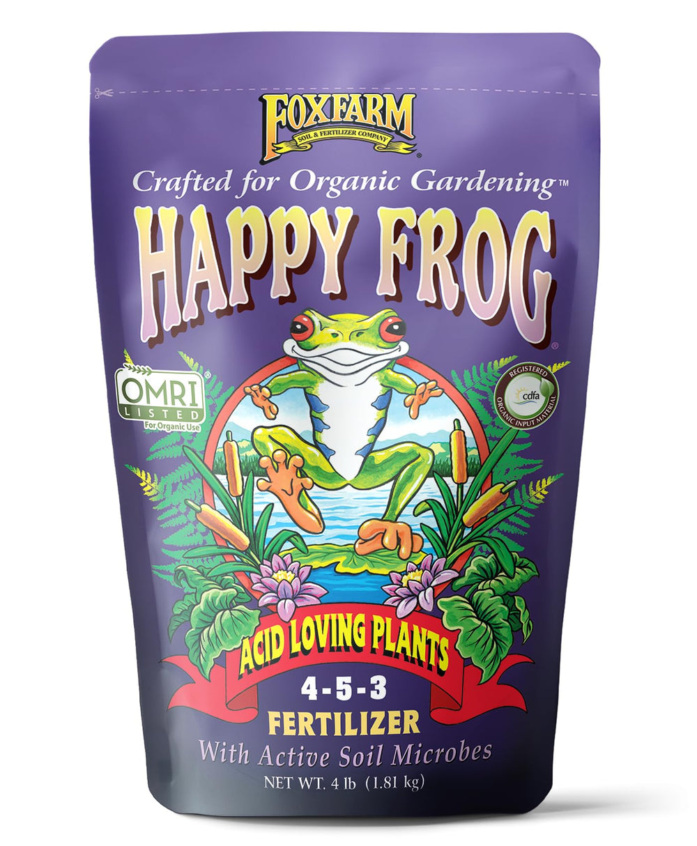 FoxFarm envase frontal Happy Frog mostrando diseño y usos