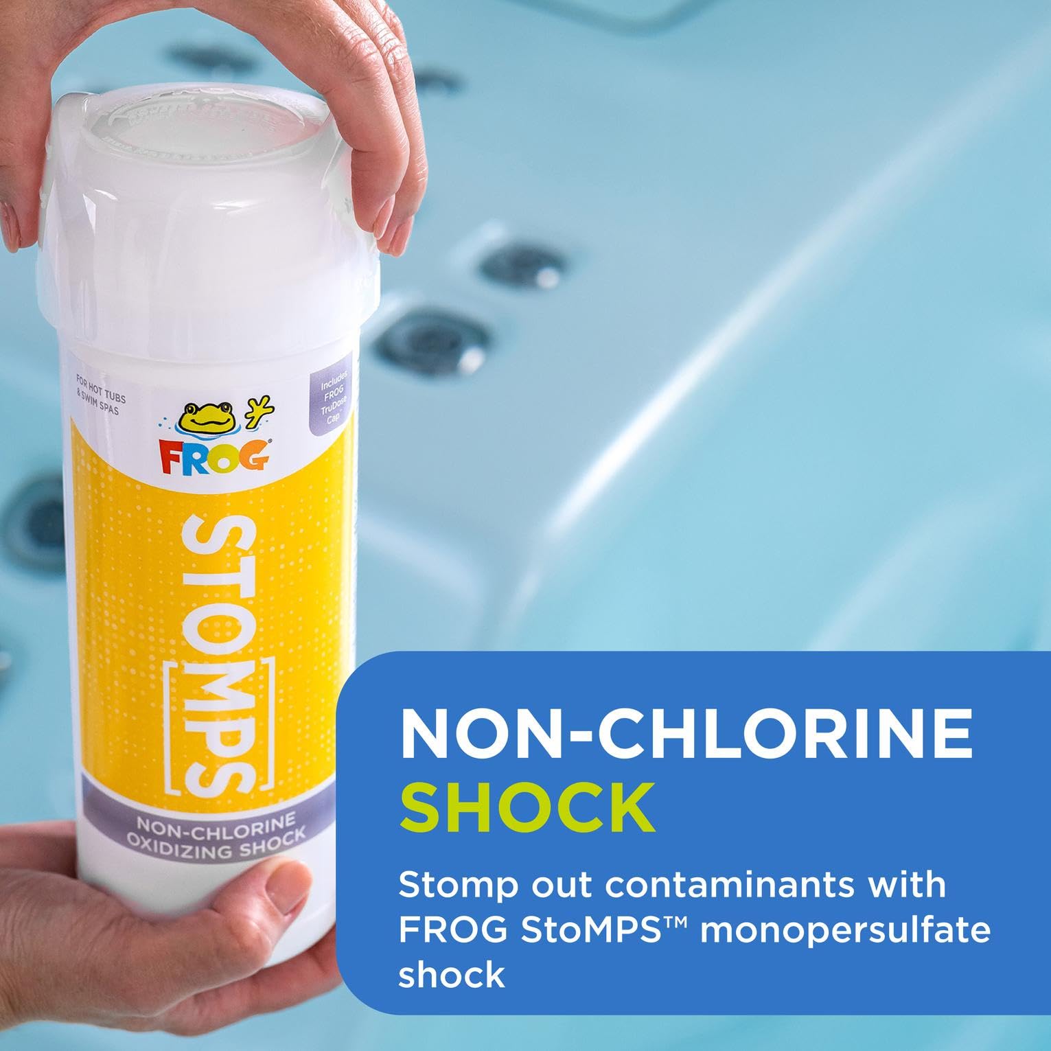 Etiqueta de FROG StoMPS con guía de dosificación clara para hot tubs y swim spas