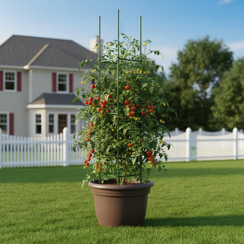 G-LEAF jaula en uso en jardín sosteniendo tomates y hojas sanas