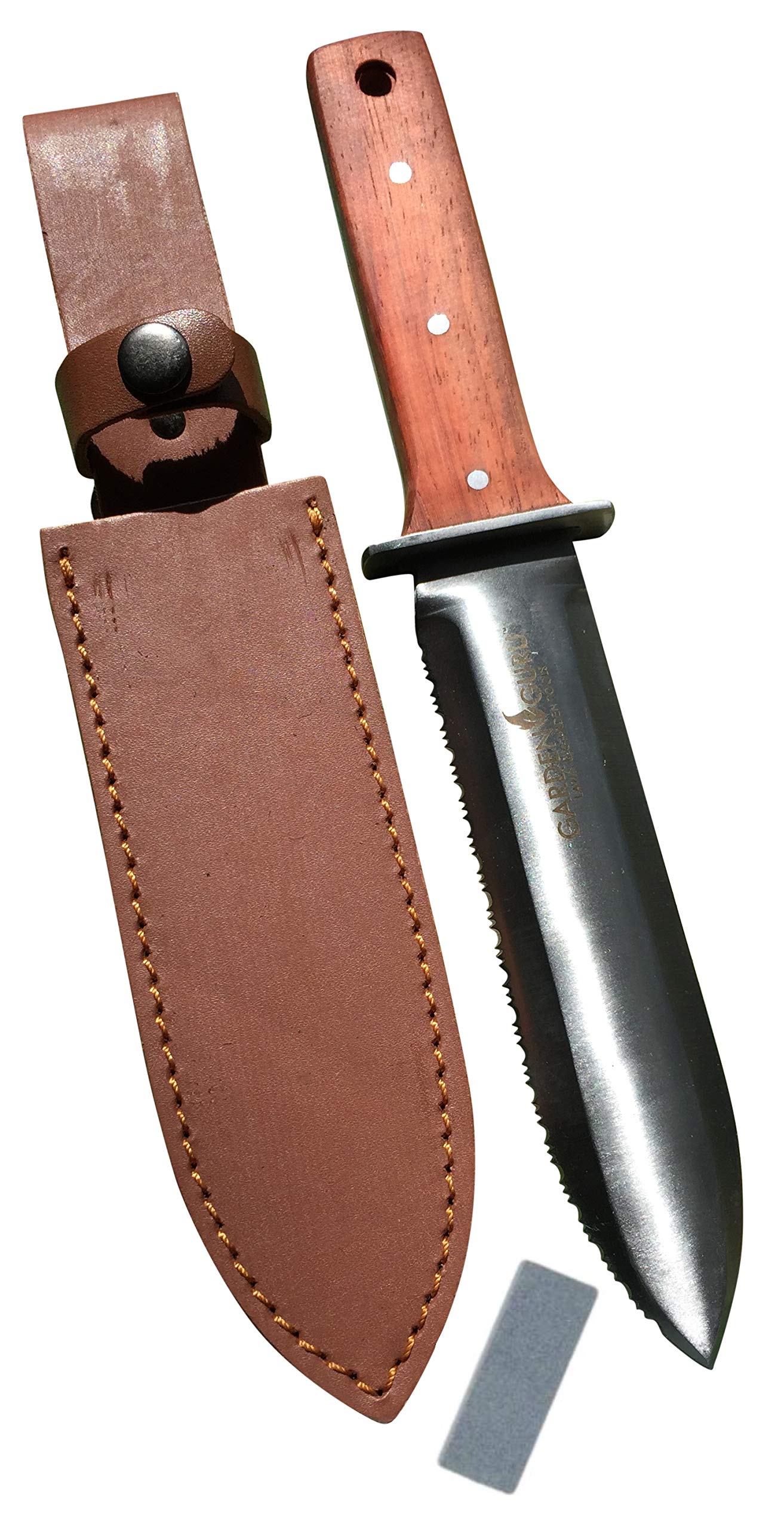 Garden Guru cuchillo hori hori frente del empaque mostrando accesorios