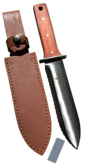 Garden Guru cuchillo hori hori frente del empaque mostrando accesorios