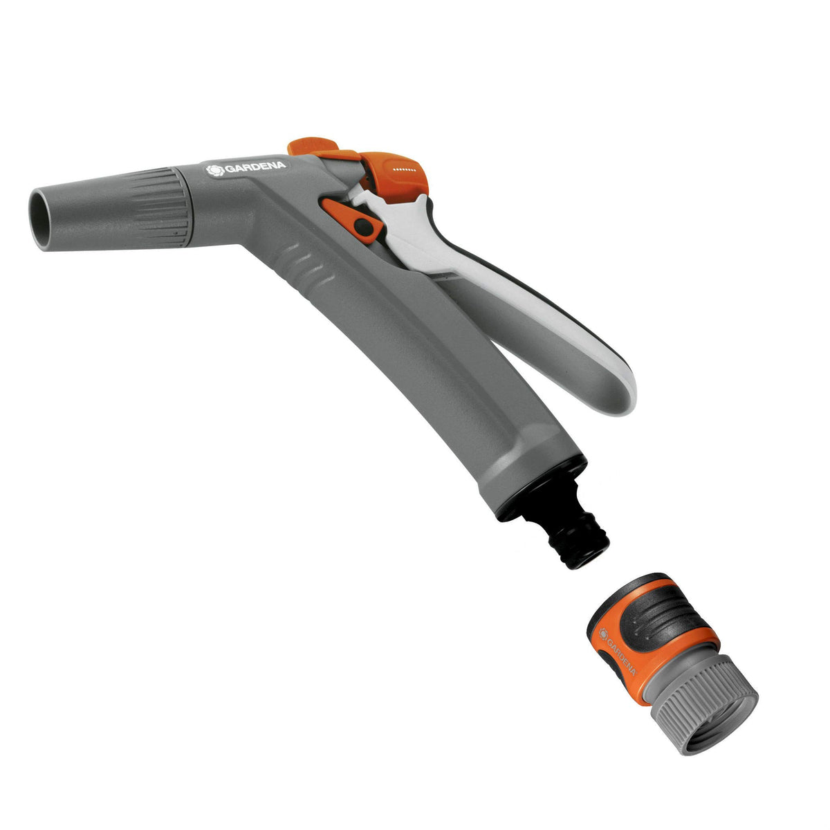 GARDENA boquilla N9117-FP frontal mostrando control de spray y gatillo bloqueable